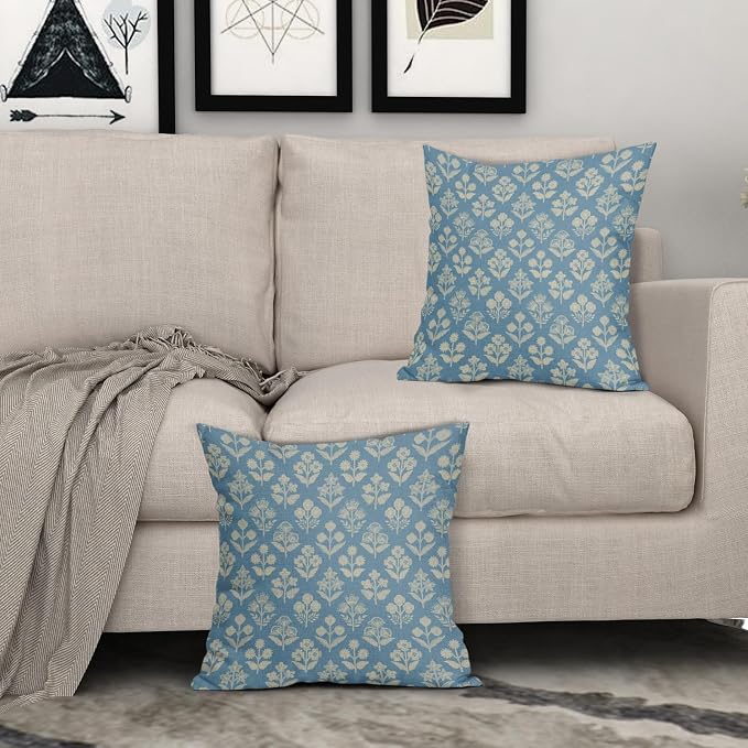 Light Blue Floral Block Print Pillow Covers 18x18 Inch Set of 2, Vintage Flower Pattern Decorative Throw Pillowcases Outdoor Farmhouse Cushion Covers Spring Summer Rustic Sofa Couch Bed Decor
