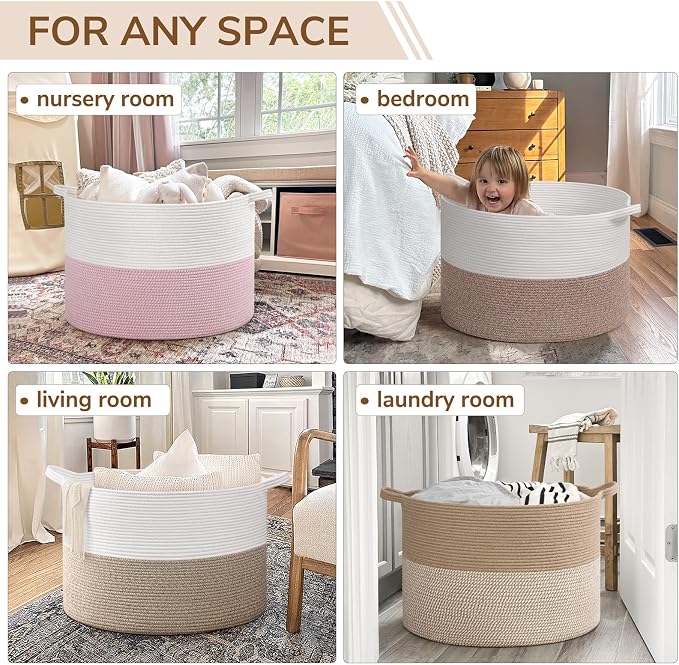 INDRESSME 115L Extra Large Woven Rope Blanket Basket Living Room LightBrown | 23.6" x 15.7" Storage baskets for toys laundry & pillows. Fits living room, bedroom or nursery décor. Soft-touch with handles