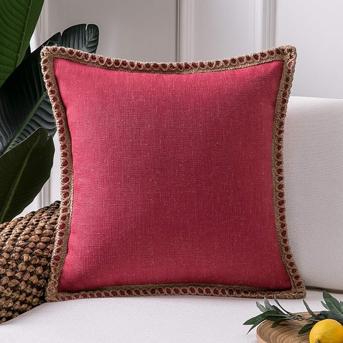Phantoscope Farmhouse Solid Throw Decorative Pillow Cover Christmas Burlap Linen Pillow Cover Trimmed Tailored Edges Outdoor Pillow Red 18 x 18 inches, 45 x 45 cm