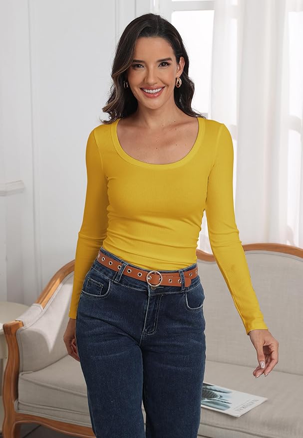 Roselux Womens Long Sleeve Scoop Neck Ribbed Knit Fitted Casual Tops Tee Slim Basic Shirts