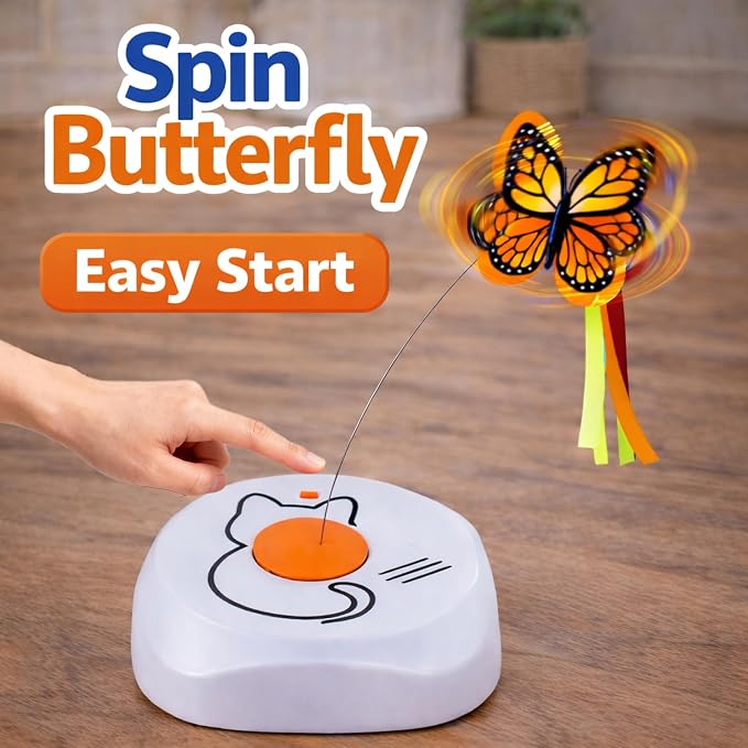 Interactive Cat Toy for Indoor Cats, Automatic Rotating Butterfly Feather Wand, Self Play Electric Cat Toy for Exercise & Mental Stimulation, Quiet Energy-Saving, AA Battery Operated