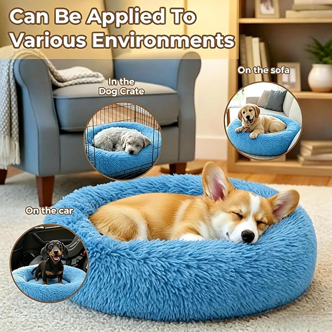 Calming Donut Dog and Cat Bed for Indoor Cats, Anti-Anxiety Round Fluffy Soft Washable Small Pet Bed for Puppy and Kitten, Warming Comfortable Luxury Anti-Slip Waterproof Mute Base 20in Light Blue