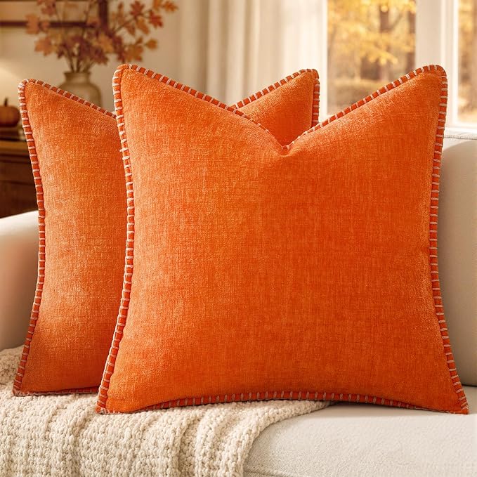 MIULEE Fall Decorative Couch Throw Pillow Covers 18x18 Inch Bright Orange | 2 Pack, Farmhouse Pillow Covers with Stitched Edge, Soft Chenille Cushion Case, Sofa Bed LivingRoom Home Decor
