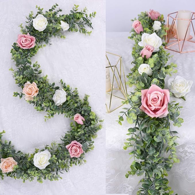 Faux Eucalyptus Garland Plant, 2 Pack Artificial Vines Hanging Eucalyptus Leaves Greenery Garland for Wedding Backdrop Arch Wall Decor, 6 Feet/pcs UV Protected Indoor Outdoor