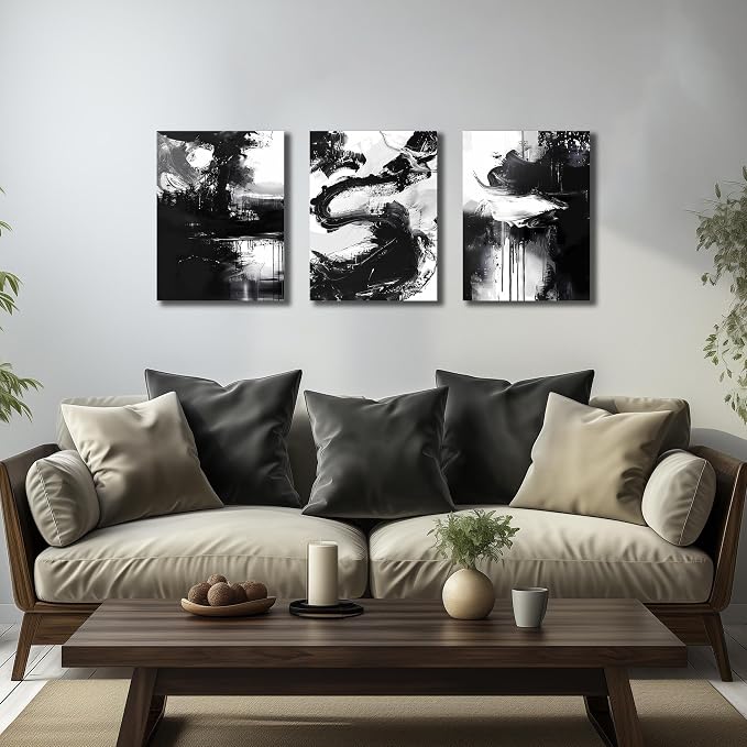 DNIEOTU Abstract Wall Art for Living Room, Black and White Canvas Wall-Decor for Bedroom, Picture Prints, Size 12 x 16 Inches 3-Pieces