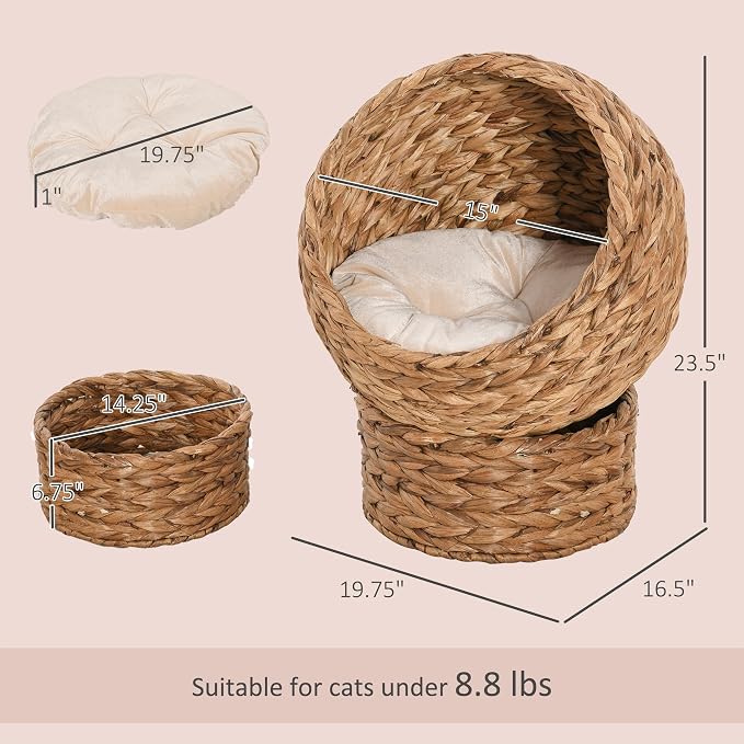 PawHut Handwoven Elevated Cat Bed for Indoor Cats 23.5" H Light Brown | Soft Cushion & Egg Chair Shape, Basket Bed Kitty House with Stand, Raised Wicker House
