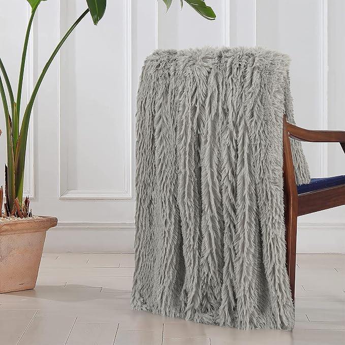 Decorative Extra Soft Fuzzy Faux Fur Throw Blanket 50" x 60",Solid Reversible Long Hair Shaggy Blanket,Fluffy Cozy Plush Comfy Microfiber Fleece Blankets for Couch Sofa Bedroom,Quiet Grey