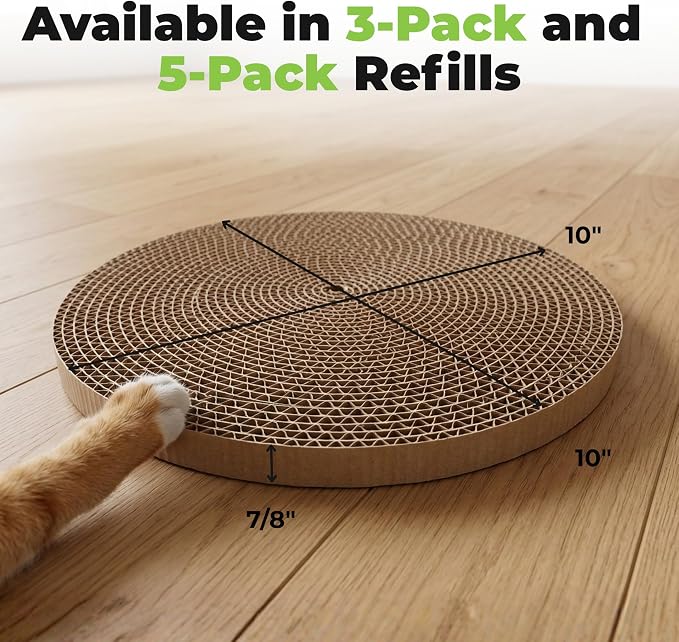 Catify Spin n' Scratch Cat Scratch Pad Refill - Round, 5-Pack | Corrugated Cardboard, Double Sided Cat Scratching Pad, Indoor Furniture Protector, Durable, For Kittens and Cats,