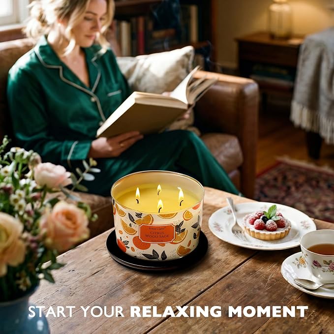 HomeLights Citrus Wood Sage Scented Candles | 18oz Soy Candles Eclectic Mixed Styles 4-Wick Large Candle Jars | Ideal Candle Gifts for Events, Home Decor Stress, Relief & Relaxation