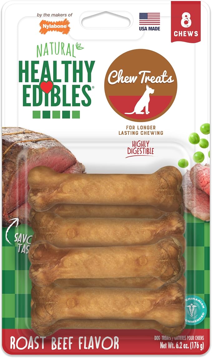 Nylabone Healthy Edibles Dog Treats, Roast Beef Flavor, X-Small, 8 Count | Natural dog chews, made in USA, highly digestible, vet recommended, long lasting chews for small dogs up to 15 lbs