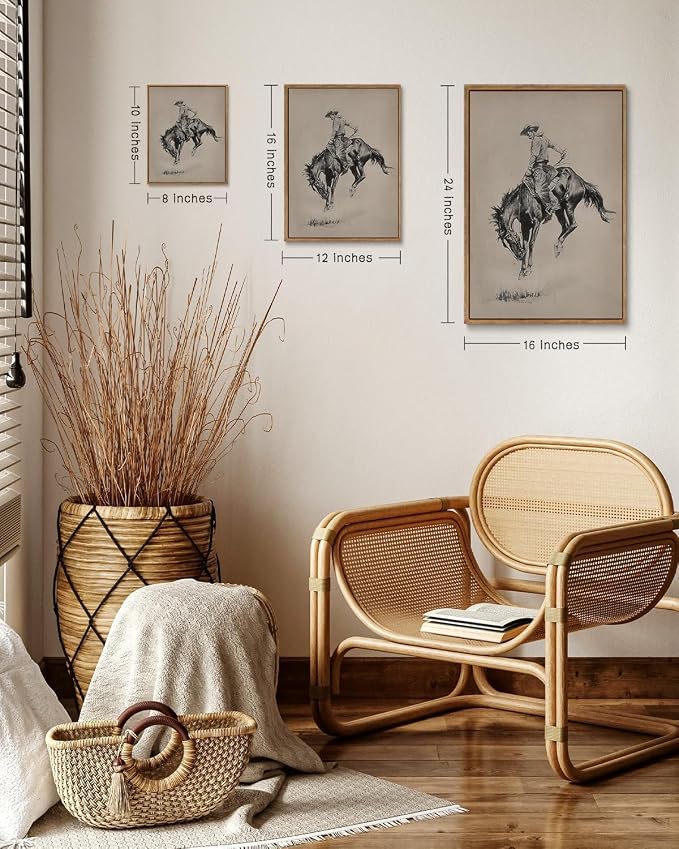 ZZLWBKGL Western Wall Decor Bronco Buster Canvas Art Cowboy Framed Wall Art | Vintage Artwork Farmhouse Picture Retro Country West Paintings for Living Room Bedroom 16x24in