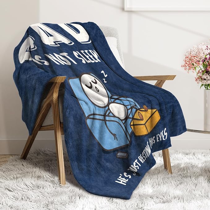 Funny Birthday Gift for Dad Husband, Dad is Not Sleeping Blanket | Dad Gifts from Daughter Son, Super Soft Throws Blanket for Couch and Napping, 60" x 80" (Blue)