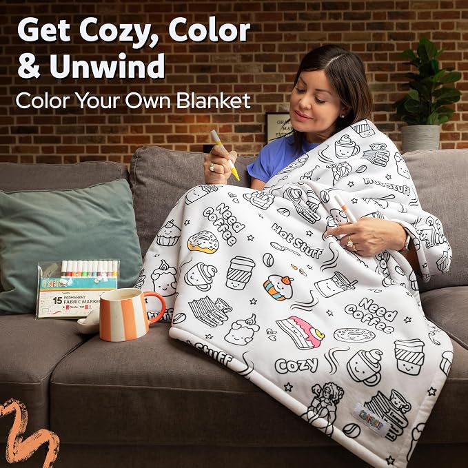 Craftikit Coffee Coloring in Blanket for Adults - Sherpa Throw -15 Markers | 40" x 60", Fabric Markers Included, Permanent Vibrant Fleece Design, Ages 3+, Machine Washable, Gift Wrapped