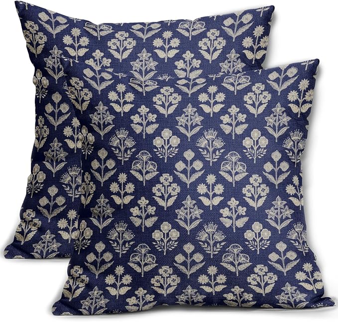 Navy Blue Floral Block Print Pillow Covers 18x18 Inch Set of 2, Vintage Flower Pattern Decorative Throw Pillowcases Outdoor Farmhouse Cushion Covers Spring Summer Rustic Sofa Couch Bed Decor