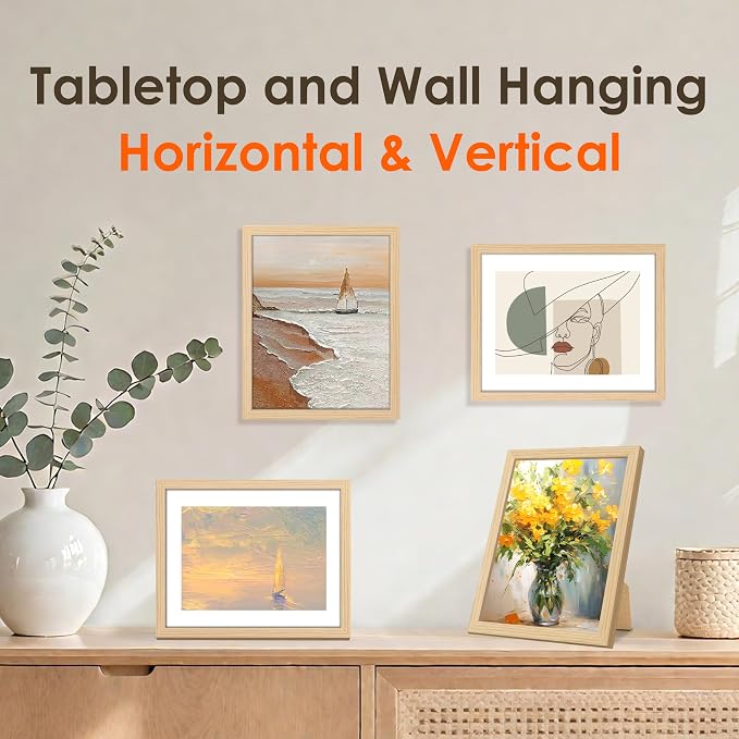 8x10 Picture Frame Bulk-6 Pack, Photo Frame with HD Plexiglass, Display Pictures 5x7 with Mat or 8x10 Without Mat, Natural Picture Frames Collage Wall Decor, Wall & Tabletop Picture Frames