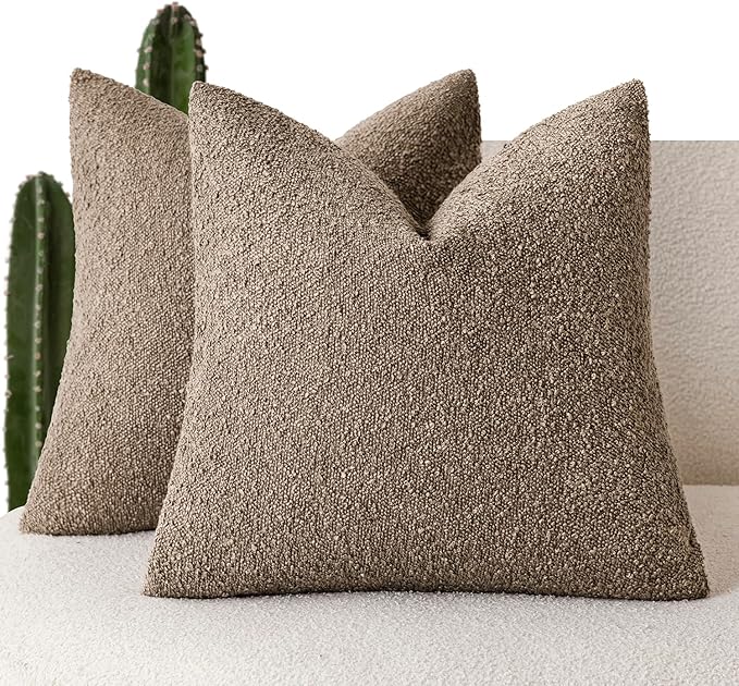 Foindtower Pack of 2 Textured Boucle Throw Pillow Covers Accent Solid Pillow Cases Cozy Soft Decorative Couch Cushion Case for Chair Sofa Bedroom Living Room Home Decor 18x18 Inch Light Brown