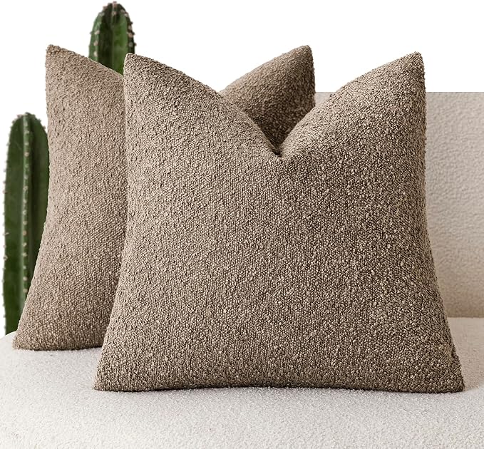 Foindtower Set of 2, Decorative Textured Boucle Throw Pillow Covers Accent Solid Pillow Cases Soft Cozy Couch Cushion Case for Chair Sofa Bedroom Living Room Home Decor 26x26 Inch Light Brown
