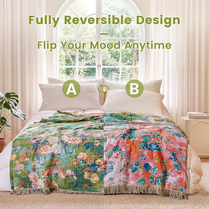 MSGKV Boho Throw Blanket 60"x80" Cotton Floral Twin Blanket for Bed & Couch | Twin Size Cotton Throw, Muslin Blanket, Summer Breathable, Lightweight Comfort, Farmhouse Decor, Machine Washable