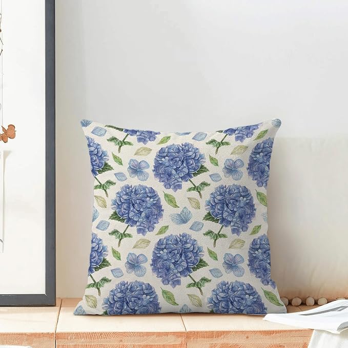 AEIOAE Spring Floral Pillow Covers 18x18 Inch Set of 2, Blue Green Hydrangea Flower Leaves Throw Pillows Case,Summer Outdoor Seasonal Decorative Farmhouse Decor Cushion Covers for Home Sofa Bed Couch