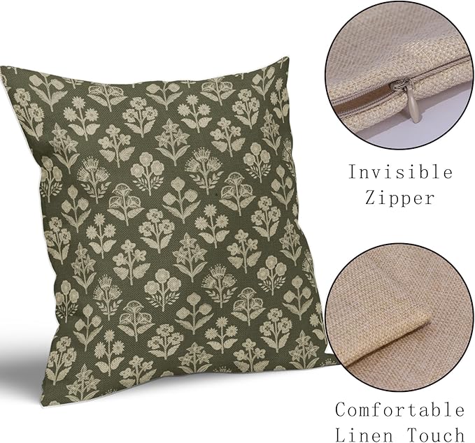 Olive Green Pillow Covers 24x24 Inch Set of 2, Vintage Flower Block Print Pattern Decorative Throw Pillowcases Outdoor Farmhouse Cushion Covers Spring Summer Rustic Sofa Couch Bed Decor