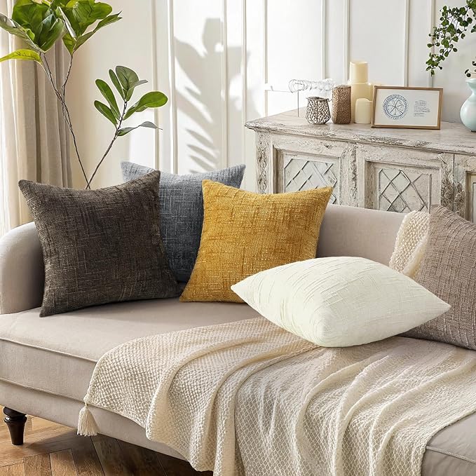 decorUhome Textured Chenille Throw Pillow Covers 18x18 Set of 2 Dark Grey | Fall Modern Farmhouse Soft Cozy Slubby Couch Pillow Cases Boho Decorative Pillow Cases for Bed Sofa Living Room Home Decor