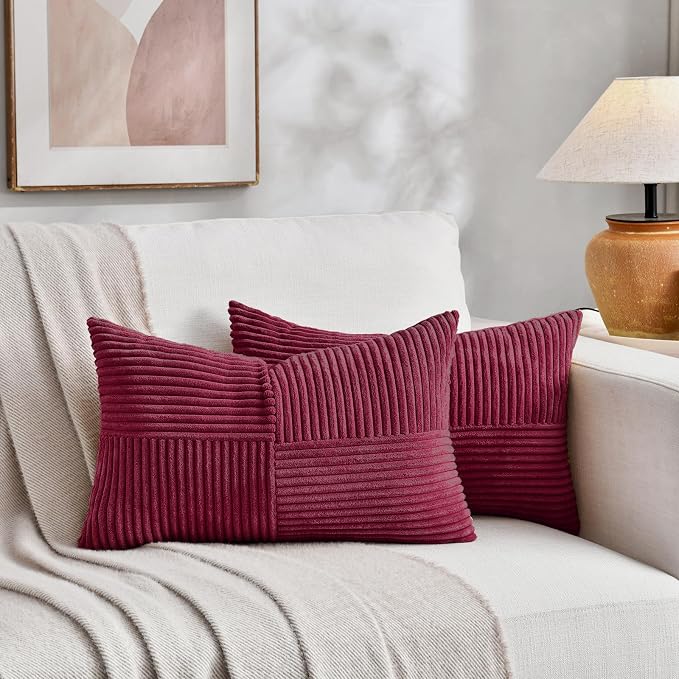 Fancy Homi Set of 1 Burgundy Lumbar Decorative Throw Pillow Covers 14x24 Inch for Living Room Couch Bed, Farmhouse Boho Home Decor, Soft Striped Corduroy Rectangle Accent Cushion Case 35x60 cm