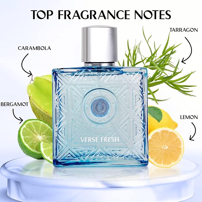 NovoGlow Verse Fresh for Men - 3.4 Fl Oz Eau De Parfum Spray for Men - Long Lasting Citrusy Floral & Woodsy Fragrance Smell Fresh All Day Long Gift for Men for All Occasions