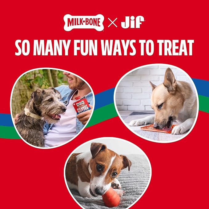Milk-Bone Natural Peanut Butter Spread with Jif, 4 Pouches | Lickable dog treats in a squeezable pouch