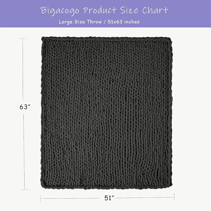 Bigacogo Chunky Knit Throw Blanket for Couch, 51x63 inches, Dark Grey | Hand Knit with Jumbo Chenille, Soft Breathable Cable Knit for Sofa Bed Living Room, Machine Washable, Gift for Mom Friend
