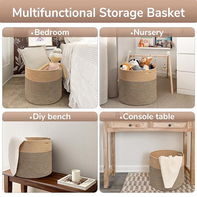 Goodpick Wicker Basket for Blankets, Baby Toy Storage Basket, 45L | 15.8 x 15.8 x 13.8 In Baby Storage Basket for Nursery, Blanket Basket for Living Room, Laundry Basket for Towels, Jute