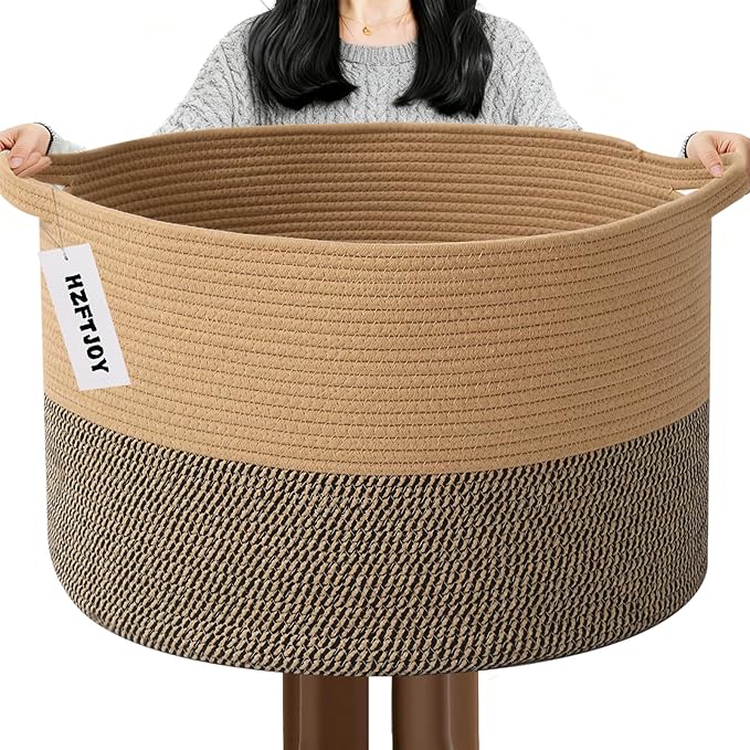 115L Extra Large Blanket Basket,Woven Laundry Basket-Jute&Black | Collapsible, reinforced handles, nursery storage bin organizes clothes, toys and pillows for living room, bedroom bathroom
