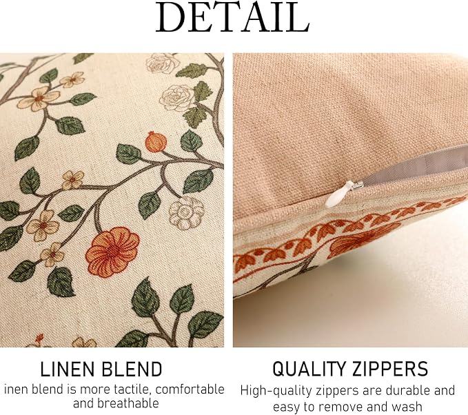 Designer Elegant Linen Throw Pillow Cover,Set of 2,18"x18"-Flora A | French Square Decor Pillow Cover,Concealed Zipper Design,Floral Pattern,Sofa,Bedroom,Living Room,Lounge Chairs