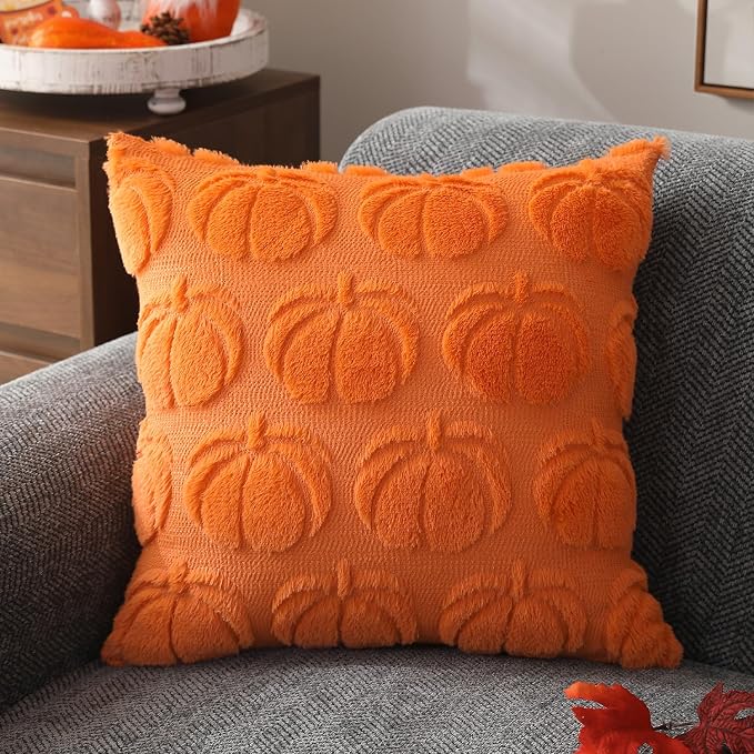 DFXSZ Fall Pillow Covers 16x16 2Pcs Orange Pumpkin Fall Decoration for Home | Fall decor Set of 2 Throw Pillow Cases Soft Plush Faux Fur Wool Couch Cushion for Chair Sofa Bedroom Living Room Home Decor