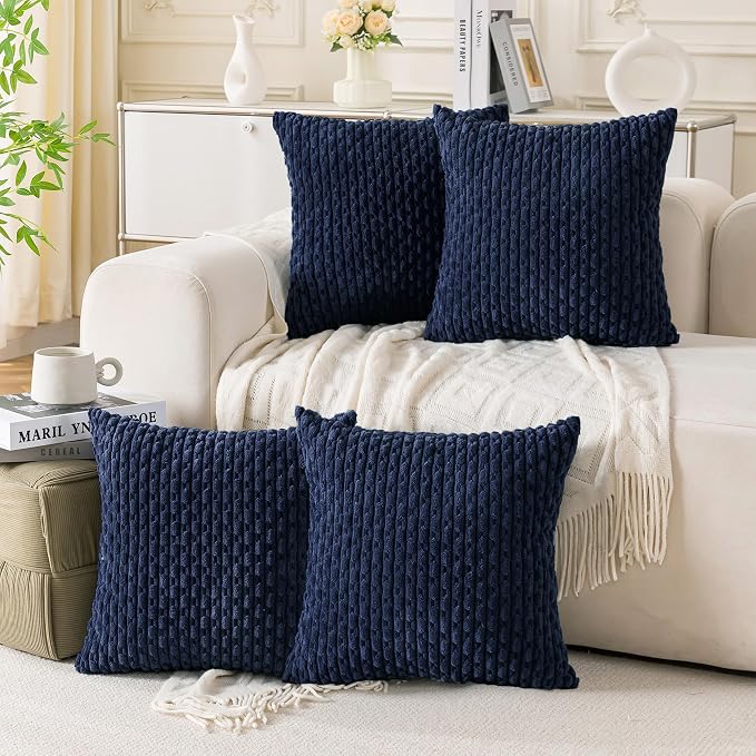 Set of 4 Navy Blue Decorative Throw Pillow Covers 26x26 Inch Corduroy Pillow Covers for Bed Couch Sofa Living Room Soft Square Cushion Cases