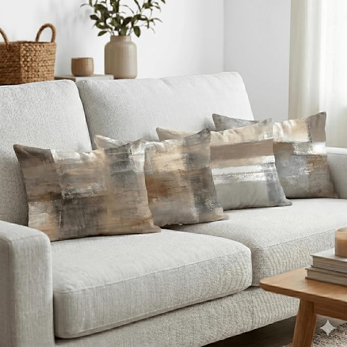 Set of 4 Abstract Throw Pillow Covers 12x20 Brown Tan Gray | Taupe Modern Abstract Art Decorative Cushion Covers, Neutral Pillow Cases for Sofa Couch Bedroom Living Room