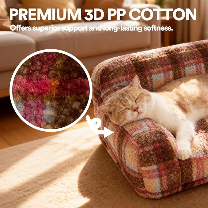 ZEZE Vintage Furniture Style Sofa Pet Bed - Washable Plush Dog & Cat Couch, Retro Style Pet Furniture, Soft Cozy Support for Pets (Large, Pink Plus)
