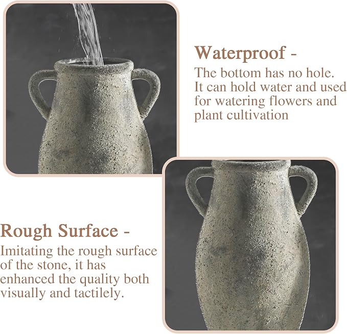 Ceramic Rustic Vase with Handle, 11.3 Inch Tall Farmhouse Vase | Vintage Terracotta Vase with 2 Handles Adds Rustic Charm to Living Room, Entryway, Table Centerpieces and Home Decor