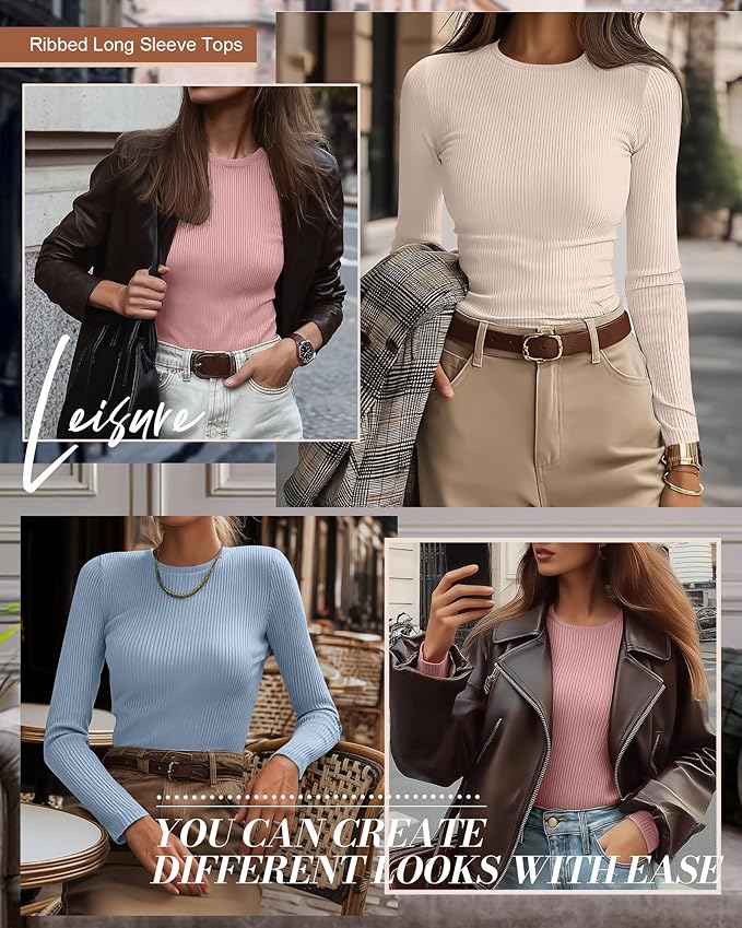 Ficerd 3 Pack Women's Ribbed Long Sleeve Tops, Crew Neck Slim Fit Undershirts Knit Basic Casual Stretch Layering Tee Shirts