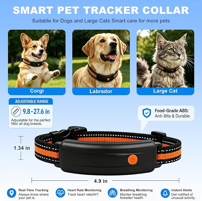 4G LTE GPS Pet Tracker & Virtual Fence, Real-Time Location, Heart Rate & Activity Monitor, Remote Training Smart Collar for Large Cats, Small, Medium and Large Dogs (Black)