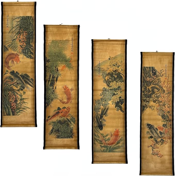 CIFIBIFUN Wall Scroll Hanging Painting Decor Japanese Art Koi Fish Fengshui | 4Panels,Ancient Japan Paintings Replica ,Asia Traditional Art, Attract Wealth, Four Season Flower