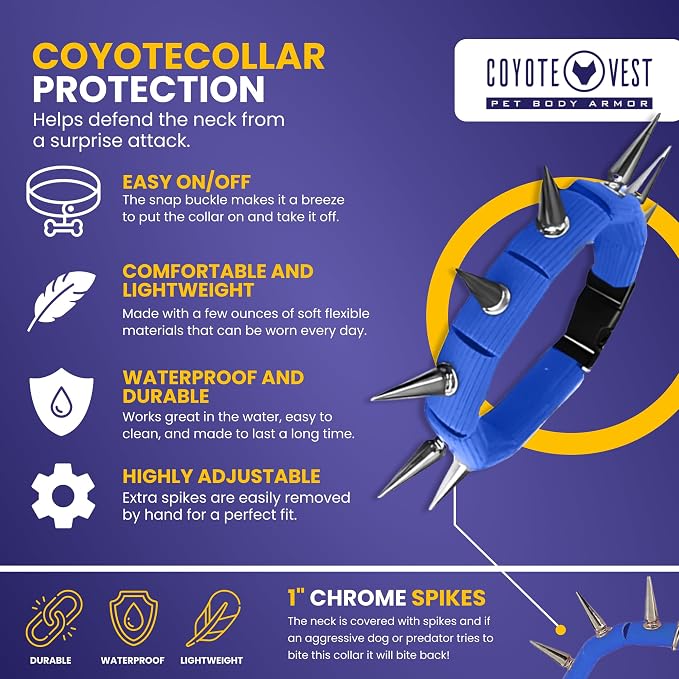 CoyoteCollar Spike Dog Collar, Adj/Replaceable Spikes, Small, Blue