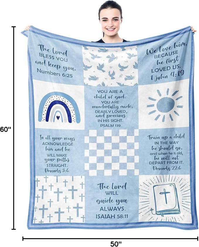 Baptism Gifts for Boys, Baptismal Gift Blanket 60"x50", Christian Present, Religious Bible Goddaughter/Godson Catholic Gift Ideas Throw Blankets, Baptism Favors Christening Gift for Boy