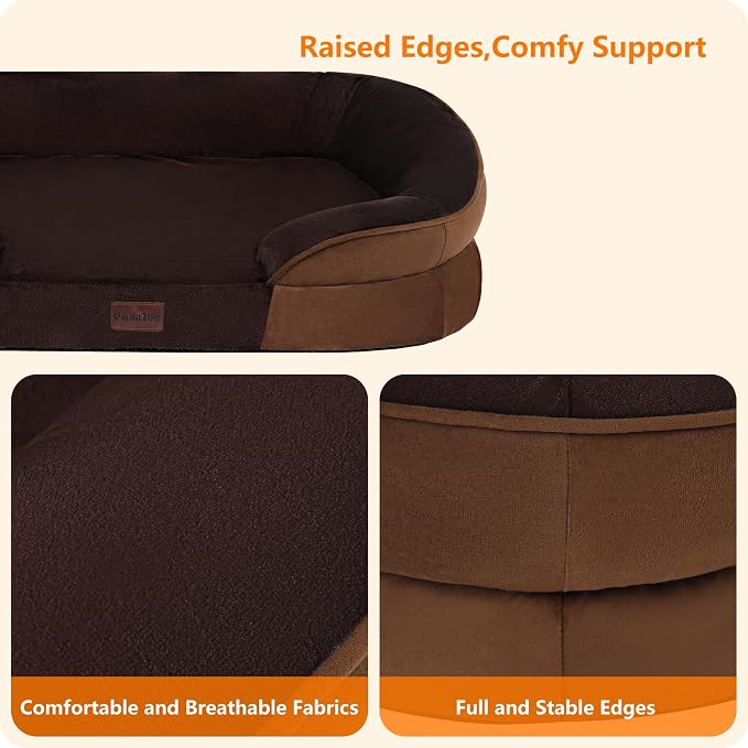 Dwanton Orthopedic Waterproof Medium Dog Bed Sofa, Gel Memory Foam, 28" | Egg-Crate Foam Dog Sofa, Washable Pet Bed with Four Sided Bolster Cushion, Removable Cover & Non-Slip Bottom, Brown