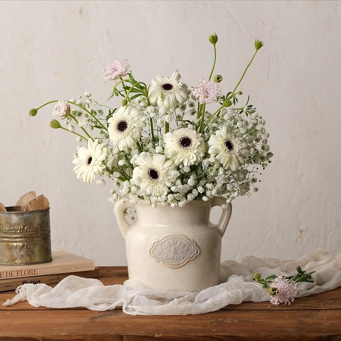 Rustic White Ceramic Vase, 5.8 Inch Vintage Flower Vases with Handle, Farmhouse Distressed Decorative Vases for Home Decor, Wide Mouth Vase for Living Room Bedroom Table Shelf Decorations