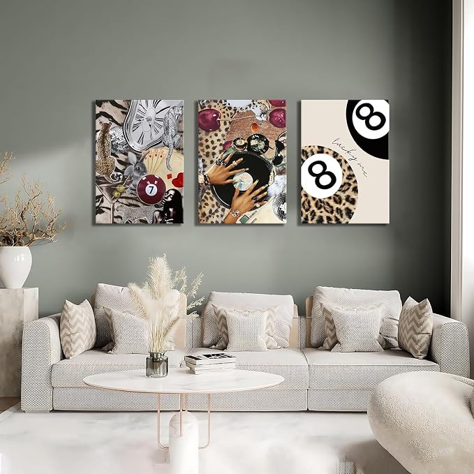 Trendy Leopard Wall Art Set of 3 Cheetah Canvas Aesthetic Wall Decor Funky Black Girl 8 Ball Lucky Poster Prints Pictures Artwork for Bedroom Living Room 12x16 Inch Framed