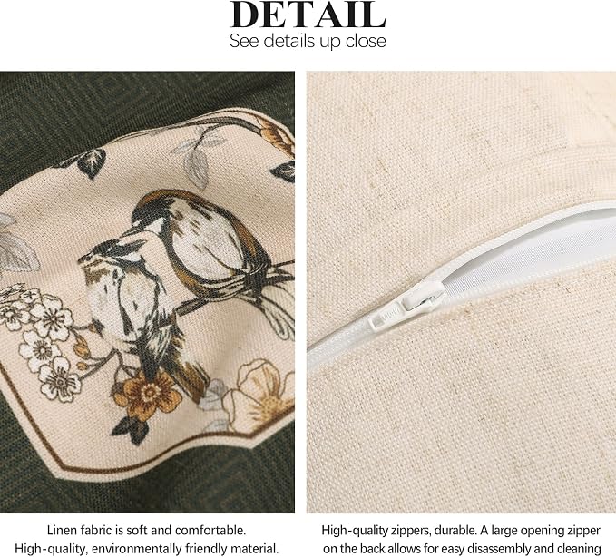 Vintage Linen Square Throw Pillow Cover,Set of 2,18"x18"-Murad E | Designer French Green Pillow Cover,Concealed Zipper Design,Floral and Bird Pattern,Sofa,Bedroom,Living Room,Lounge Chairs