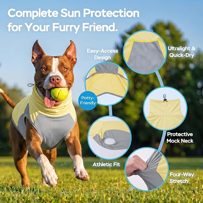 LovinPet UPF 150+ Dog Sun Shirt, Sleeveless High Neck Cooling UV Protection Clothes for Large Breeds, Quick Dry Lightweight Outdoor Vest with Breathable Belly Panel, Yellow, XL