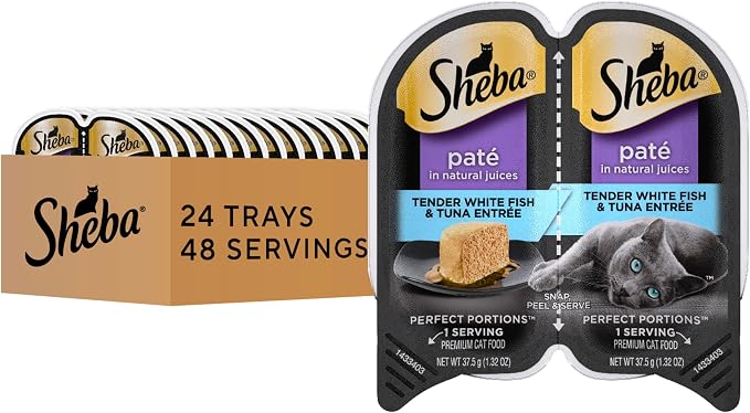 Sheba Perfect Portions Pate Wet Cat Food, Whitefish & Tuna, 2.6 oz, 24 ct | Grain-free, made in USA, no fillers, no artificial flavors, complete & balanced all life stages, twin-pack trays