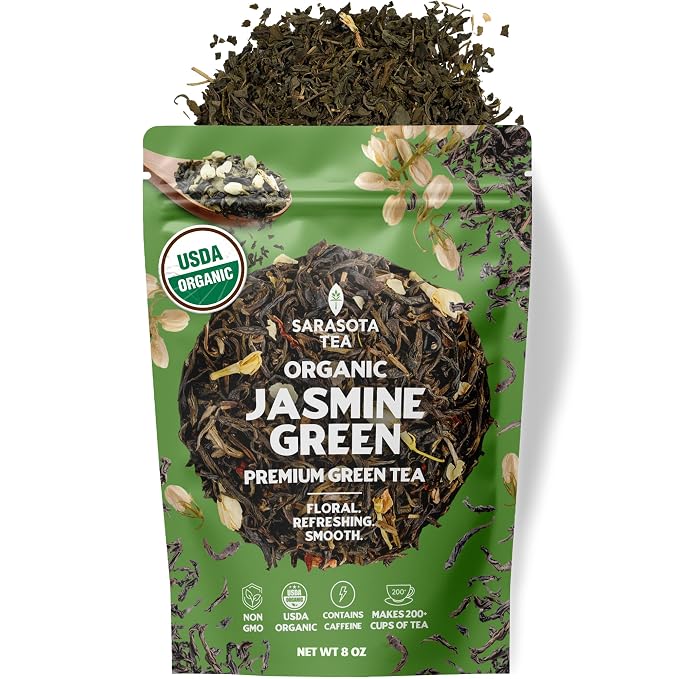 Organic Jasmine Green Loose Leaf Tea | Fragrant Chinese Green Tea Scented with Jasmine Blossoms | USDA Organic | 8oz Bulk Bag | Floral & Smooth | Hot or Iced | Non-GMO