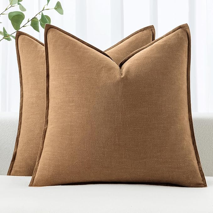 MIULEE Decorative Linen Euro Sham Pillow Covers 22x22 Inch Brown | Boho Farmhouse Fall Autumn Couch Throw Pillows for Bed, Pack of 2 Accent Modern Pillowcases, Sofa Livingroom Home Decor